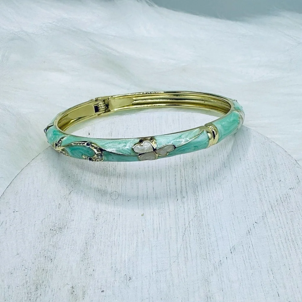 Green Flower Enamel Cloisonne Bracelet Bangle